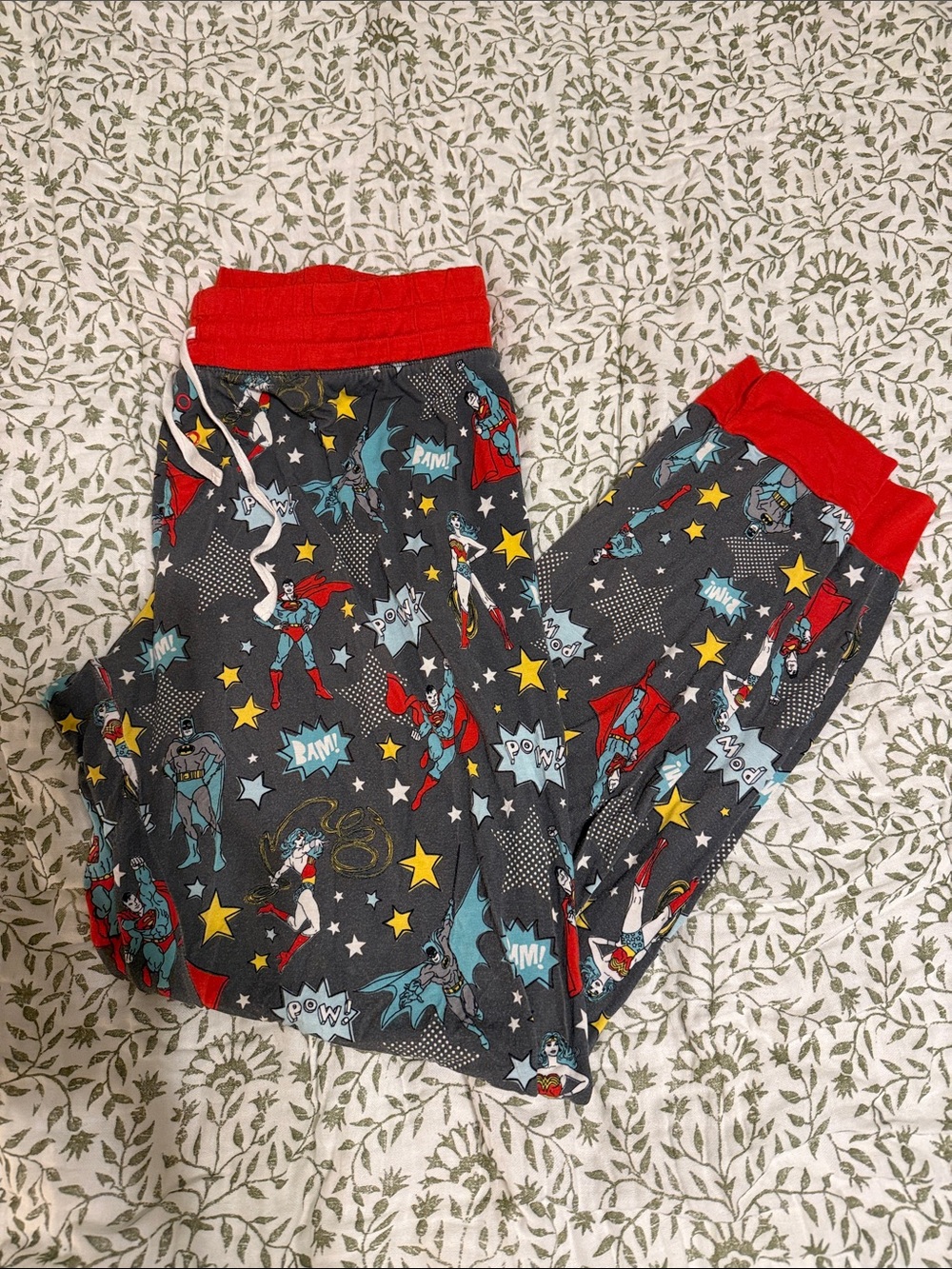 Women’s Gray Superhero Print Pajama Pants with Red Waistband